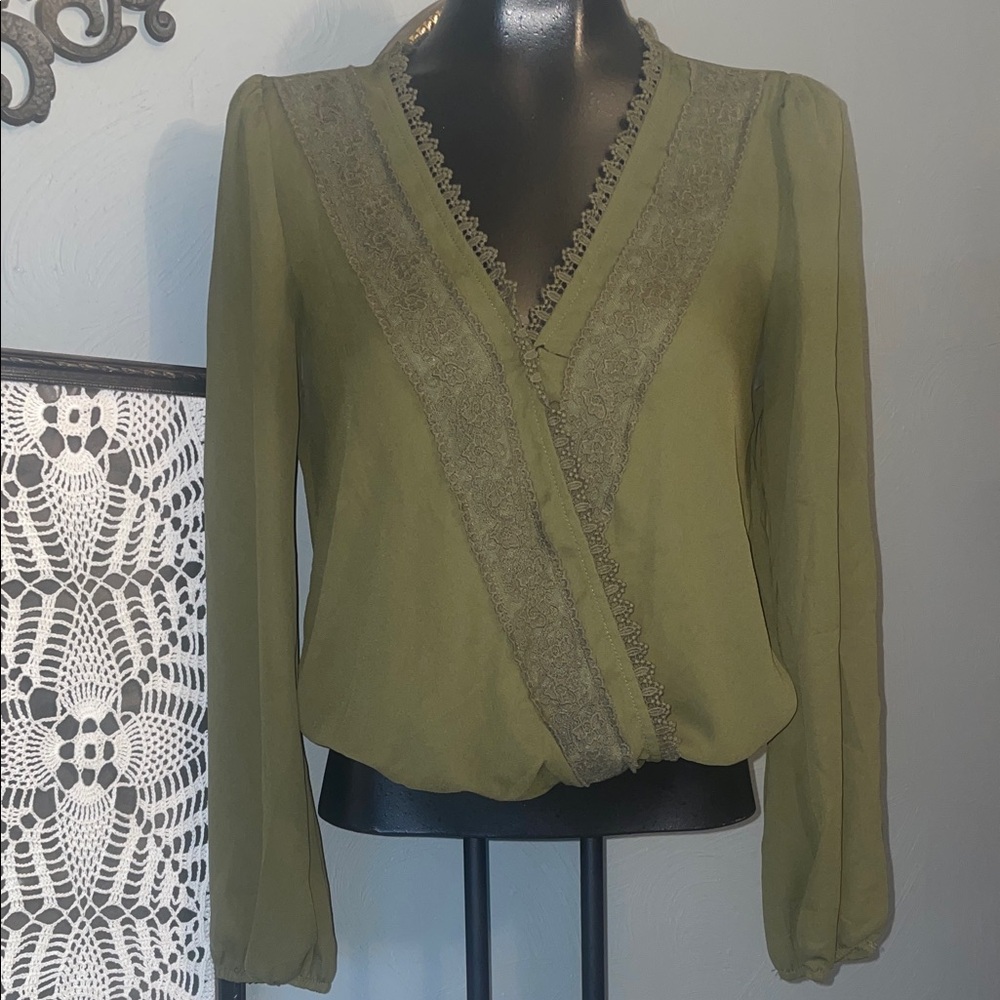 Francesca's Collections Olive Lace-Trim Surplice Top - Picture 2 of 5